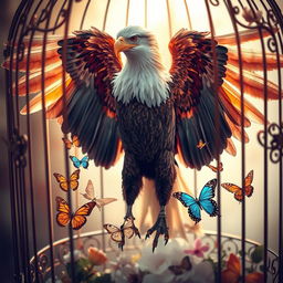 A beautiful, vibrant scene of a majestic eagle with its wings fully spread, showcasing intricate feather details, alongside delicate butterflies of various colors fluttering around inside an ornate, vintage cage
