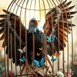 A beautiful, vibrant scene of a majestic eagle with its wings fully spread, showcasing intricate feather details, alongside delicate butterflies of various colors fluttering around inside an ornate, vintage cage