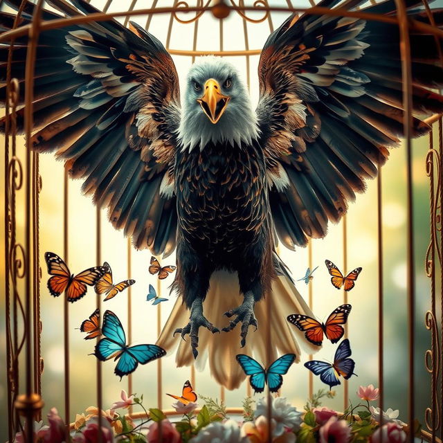 A beautiful, vibrant scene of a majestic eagle with its wings fully spread, showcasing intricate feather details, alongside delicate butterflies of various colors fluttering around inside an ornate, vintage cage