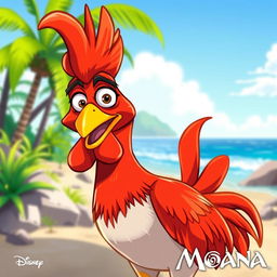 A stylized illustration of Heihei, the comical rooster from the Disney movie Moana