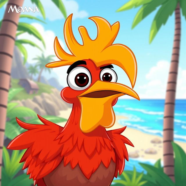 A stylized illustration of Heihei, the comical rooster from the Disney movie Moana