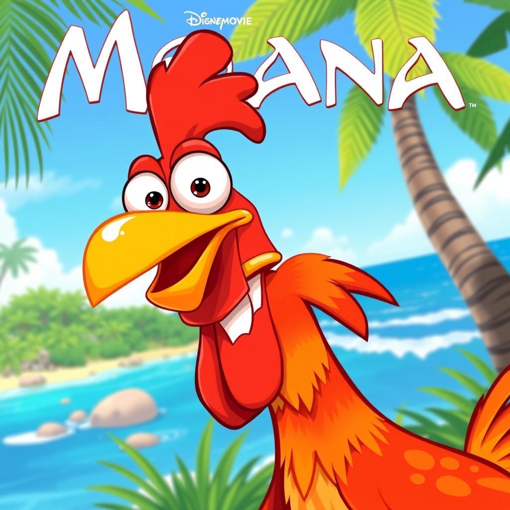 A stylized illustration of Heihei, the comical rooster from the Disney movie Moana