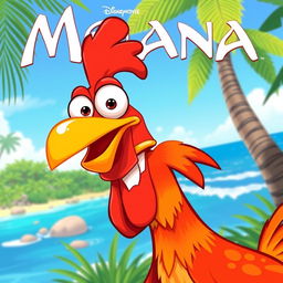 A stylized illustration of Heihei, the comical rooster from the Disney movie Moana