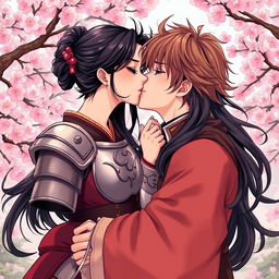 A beautiful couple kissing in a manhwa style illustration