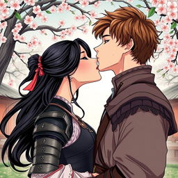 A beautiful couple kissing in a manhwa style illustration