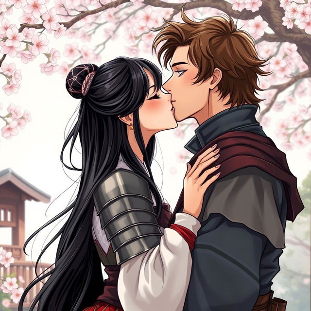 A beautiful couple kissing in a manhwa style illustration