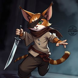A charming brown and white tabby tabaxi rogue, featured in a dynamic pose