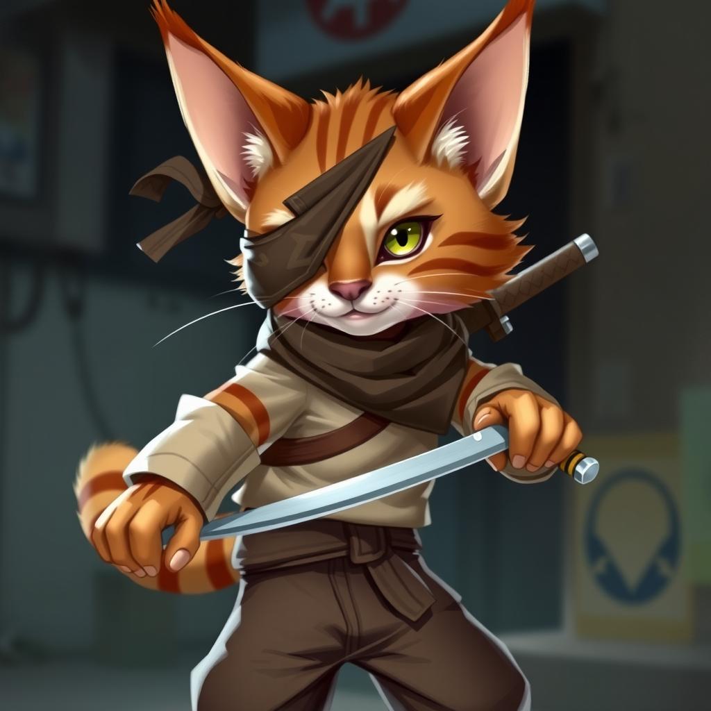 A charming brown and white tabby tabaxi rogue, featured in a dynamic pose