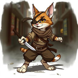 A charming brown and white tabby tabaxi rogue, featured in a dynamic pose