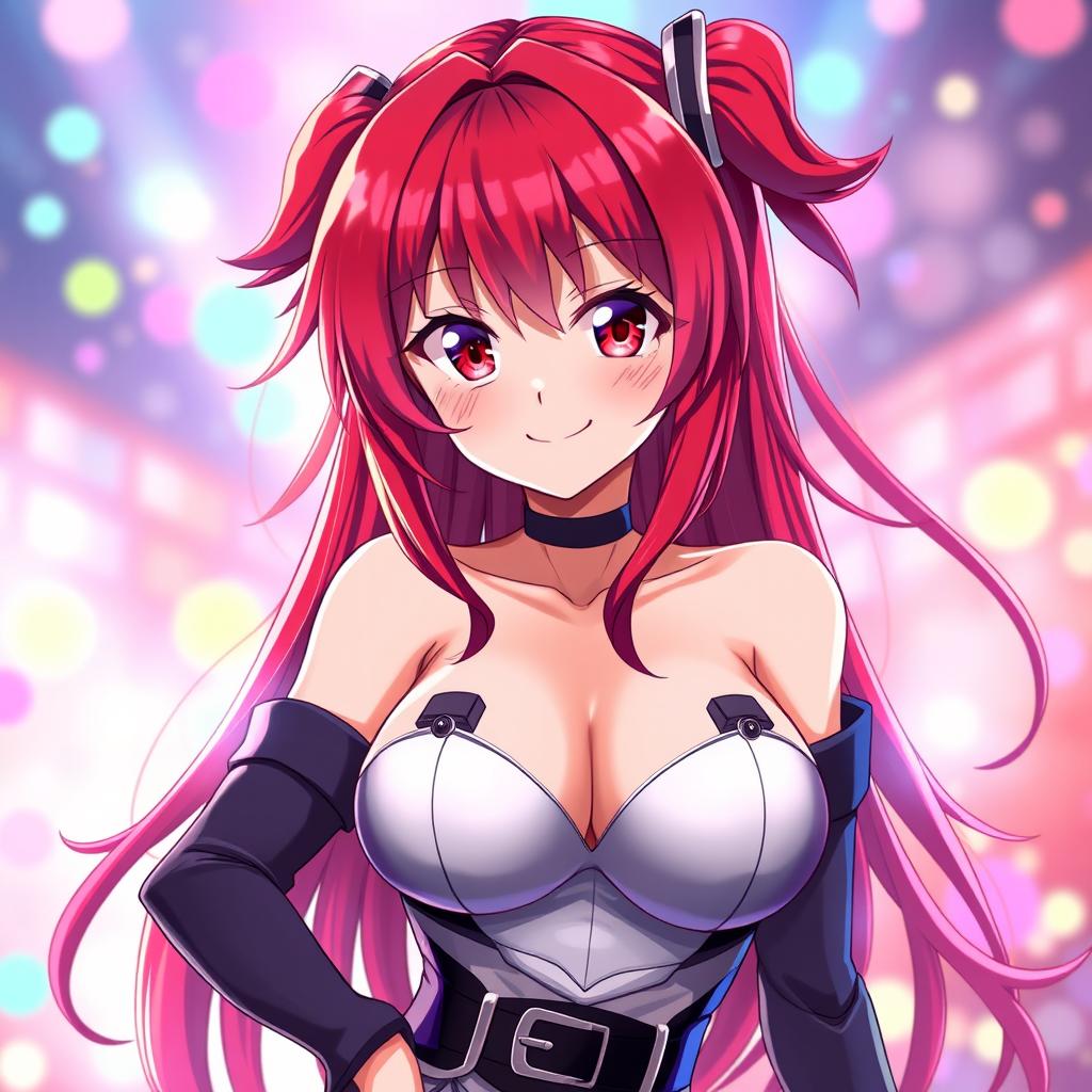 A captivating anime girl with striking red hair cascading down her shoulders, featuring large, alluring breasts