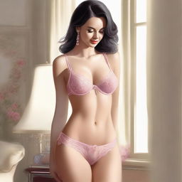 An artistic, high-quality digital painting showcasing a woman in tasteful lingerie