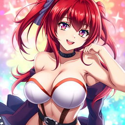 A captivating anime girl with striking red hair cascading down her shoulders, featuring large, alluring breasts