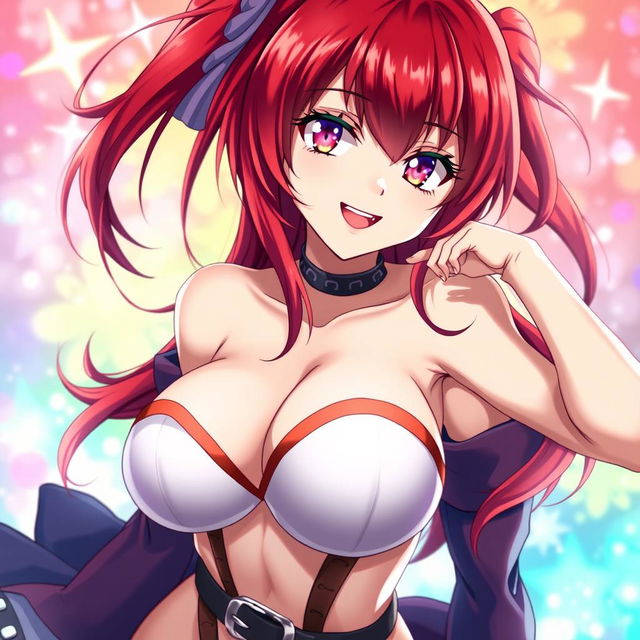 A captivating anime girl with striking red hair cascading down her shoulders, featuring large, alluring breasts