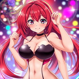 A captivating anime girl with striking red hair cascading down her shoulders, featuring large, alluring breasts