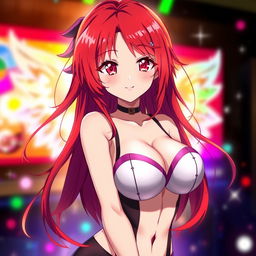 A captivating anime girl with striking red hair cascading down her shoulders, featuring large, alluring breasts