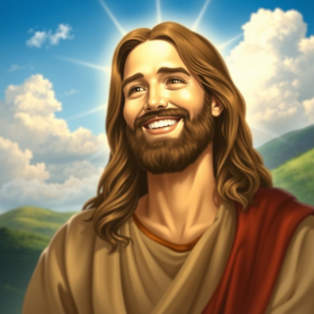 A radiant depiction of Jesus Christ with a warm, joyful smile, his eyes sparkling with happiness