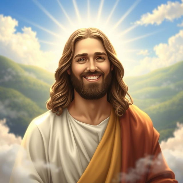 A radiant depiction of Jesus Christ with a warm, joyful smile, his eyes sparkling with happiness