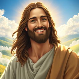 A radiant depiction of Jesus Christ with a warm, joyful smile, his eyes sparkling with happiness