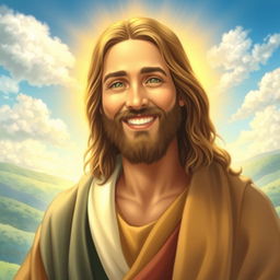 A radiant depiction of Jesus Christ with a warm, joyful smile, his eyes sparkling with happiness