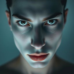 A close-up of a striking face with bright white skin, glowing bright white and pitch-black eyes that draw attention, showing strong, charismatic features