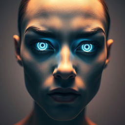 A close-up of a striking face with bright white skin, glowing bright white and pitch-black eyes that draw attention, showing strong, charismatic features