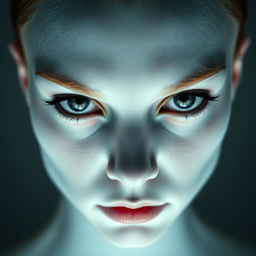 A close-up of a striking face with bright white skin, glowing bright white and pitch-black eyes that draw attention, showing strong, charismatic features