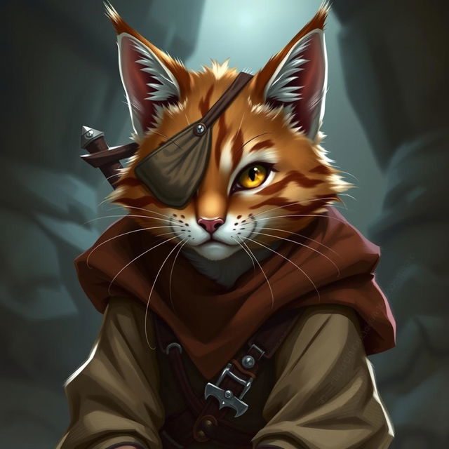 A brown and white tabby tabaxi rogue with a cloth eyepatch around his right eye, exuding charm and confidence