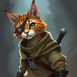 A brown and white tabby tabaxi rogue with a cloth eyepatch around his right eye, exuding charm and confidence