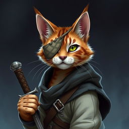 A brown and white tabby tabaxi rogue with a cloth eyepatch around his right eye, exuding charm and confidence