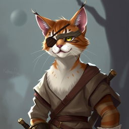 A brown and white tabby tabaxi rogue with a cloth eyepatch around his right eye, exuding charm and confidence