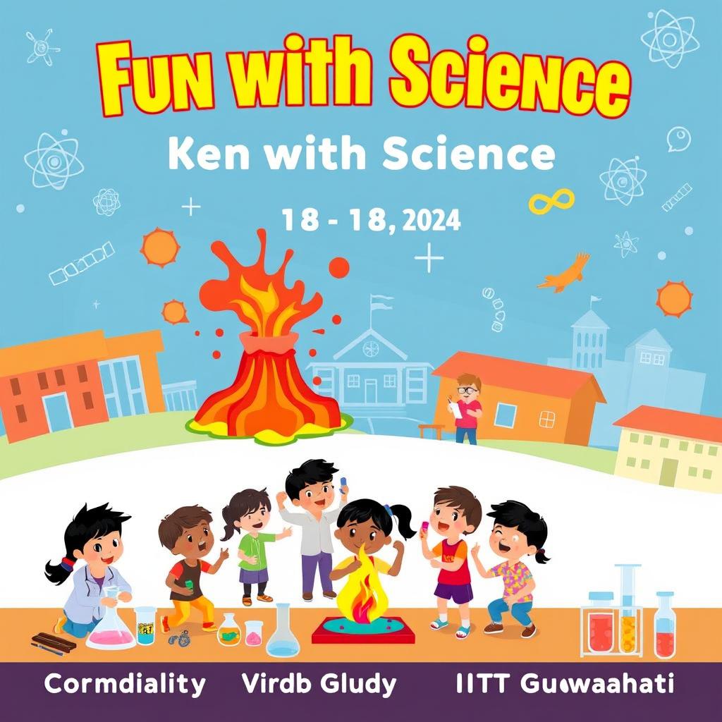A vibrant and engaging poster for an event titled 'Fun with Science' at Kendriya Vidyalaya, IIT Guwahati, scheduled on December 18, 2024