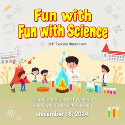 A vibrant and engaging poster for an event titled 'Fun with Science' at Kendriya Vidyalaya, IIT Guwahati, scheduled on December 18, 2024