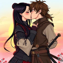 An illustration in a vibrant manhwa style depicting a beautiful couple sharing a passionate kiss