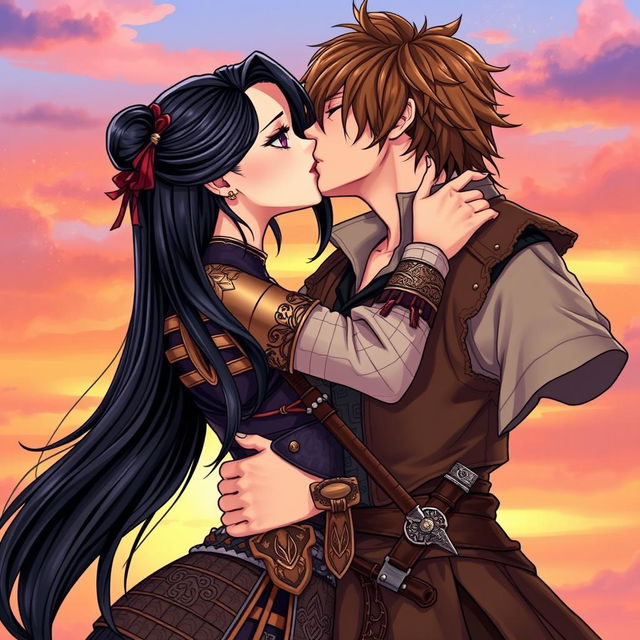 An illustration in a vibrant manhwa style depicting a beautiful couple sharing a passionate kiss