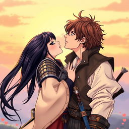 An illustration in a vibrant manhwa style depicting a beautiful couple sharing a passionate kiss