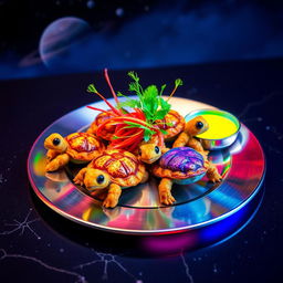 A futuristic, whimsical dish called 'galactic fried turtles'