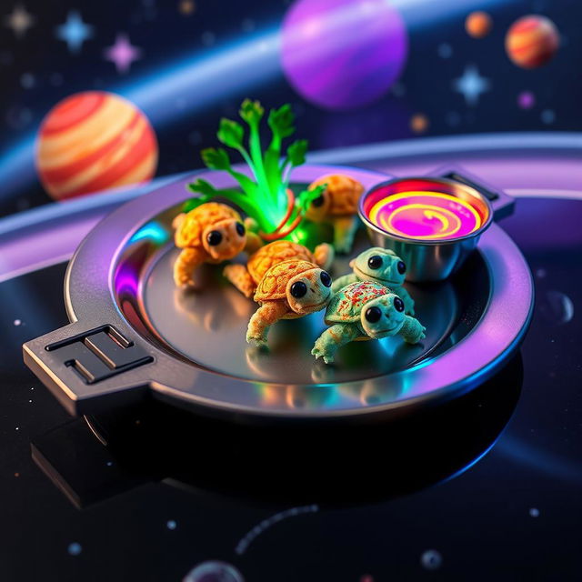 A futuristic, whimsical dish called 'galactic fried turtles'