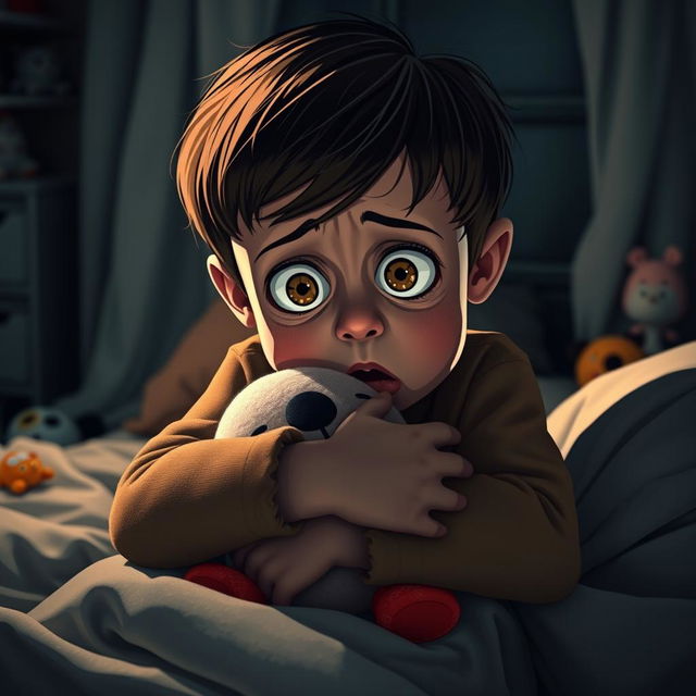 A young boy with large, expressive eyes, looking scared while sitting in his bed