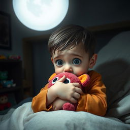A young boy with large, expressive eyes, looking scared while sitting in his bed