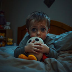 A young boy with large, expressive eyes, looking scared while sitting in his bed