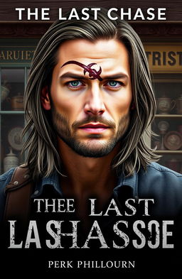 A captivating book cover for "The Last Chase" featuring a male character with tanish colored skin and a little facial hair, showcasing a well-defined face