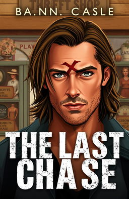 A captivating book cover for "The Last Chase" featuring a male character with tanish colored skin and a little facial hair, showcasing a well-defined face