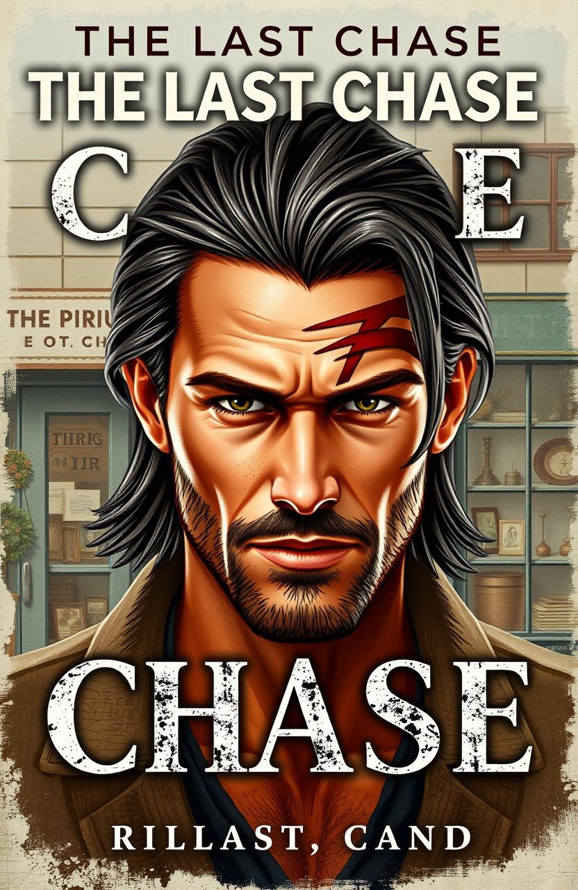 A captivating book cover for "The Last Chase" featuring a male character with tanish colored skin and a little facial hair, showcasing a well-defined face