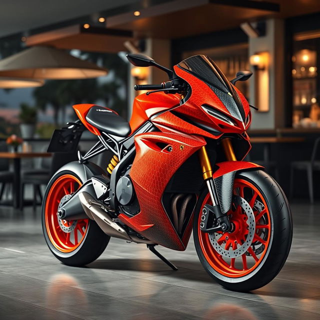 A striking 3D rendering of a futuristic 1400 cm3 Benelli racing motorcycle, showcasing a truly unique design