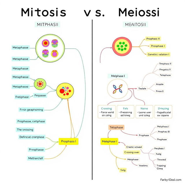 A detailed and visually engaging mind map illustrating the differences between mitosis and meiosis