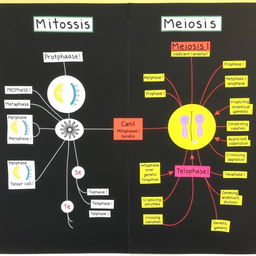 A detailed and visually engaging mind map illustrating the differences between mitosis and meiosis