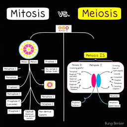 A detailed and visually engaging mind map illustrating the differences between mitosis and meiosis