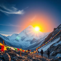 An awe-inspiring design showcasing Mount Everest in Nepal, framed by a stunning sunrise