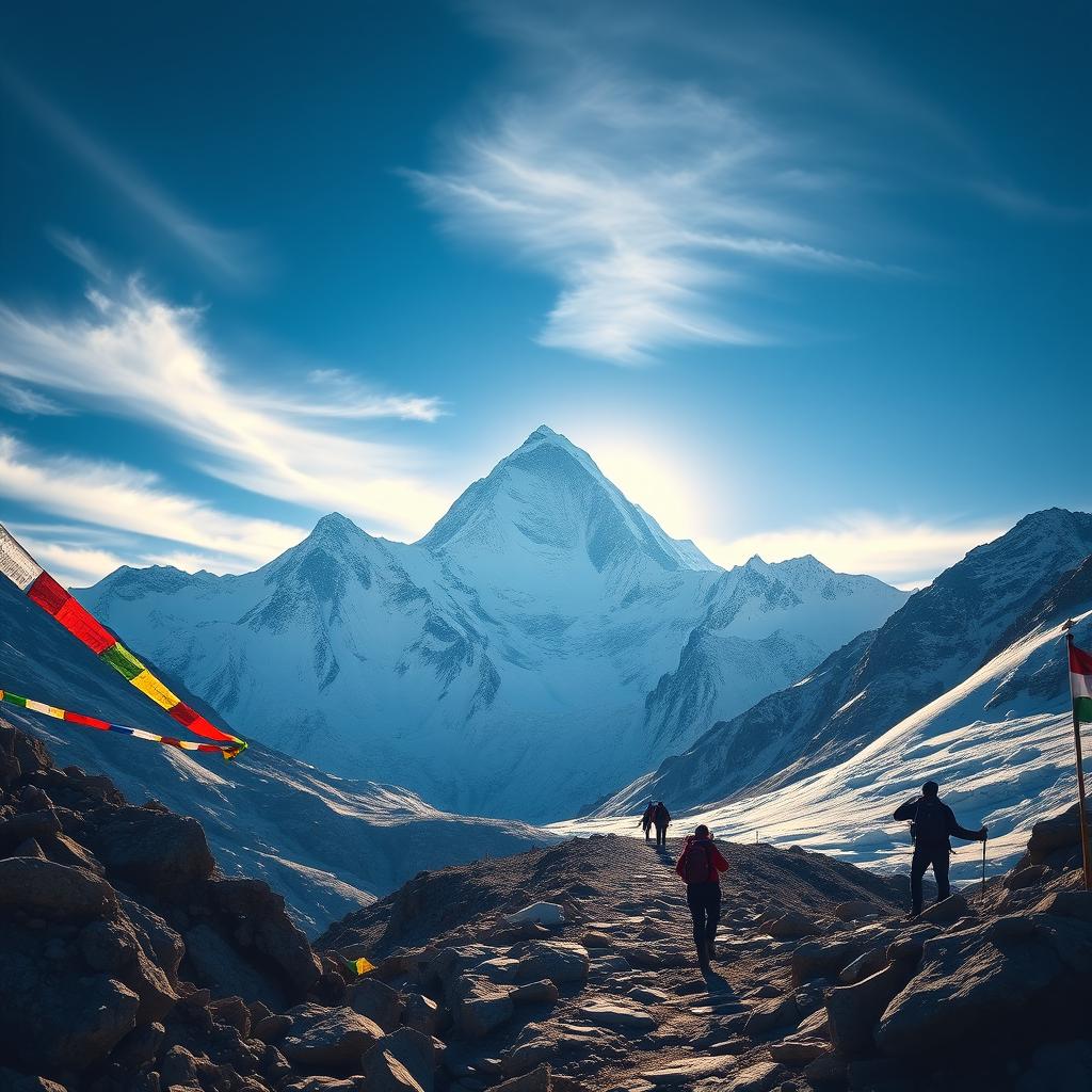 An awe-inspiring design showcasing Mount Everest in Nepal, framed by a stunning sunrise