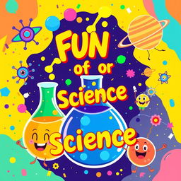 A vibrant and colorful background representing the fun of science, featuring playful elements such as beakers bubbling with colorful liquids, whimsical atoms with smiling faces, and planets in bright, bold colors